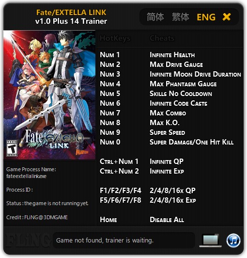 Fate/EXTELLA LINK: Trainer +14 v1.0 {FLiNG}