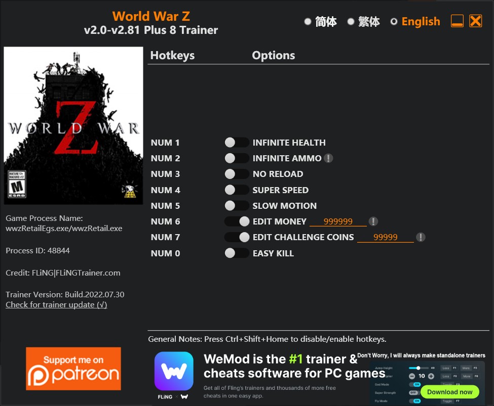 WORLD WAR Z: TRAINER +8 V1.0-V1.71 {FLING}