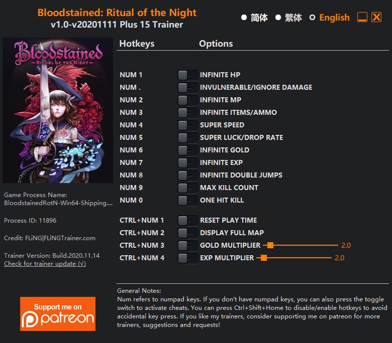 Bloodstained: Ritual of the Night - Trainer +15 v1.0-v20201111 {FLiNG}