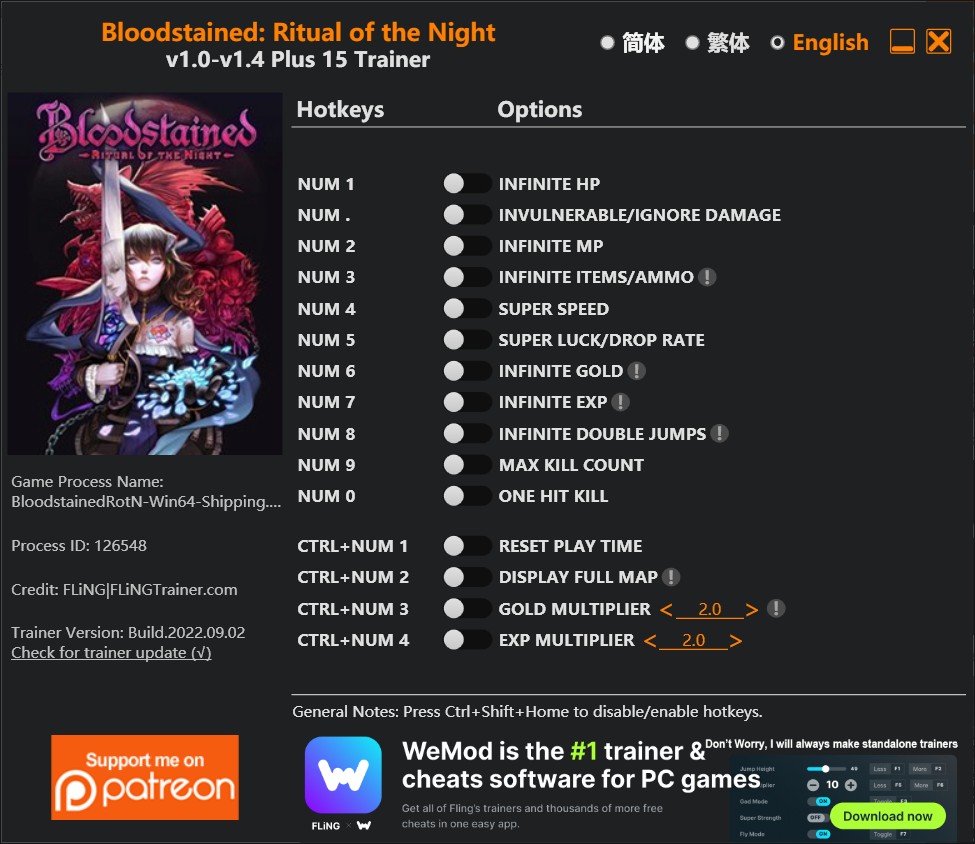 Bloodstained: Ritual of the Night - Trainer +15 v1.0-v1.4 {FLiNG}
