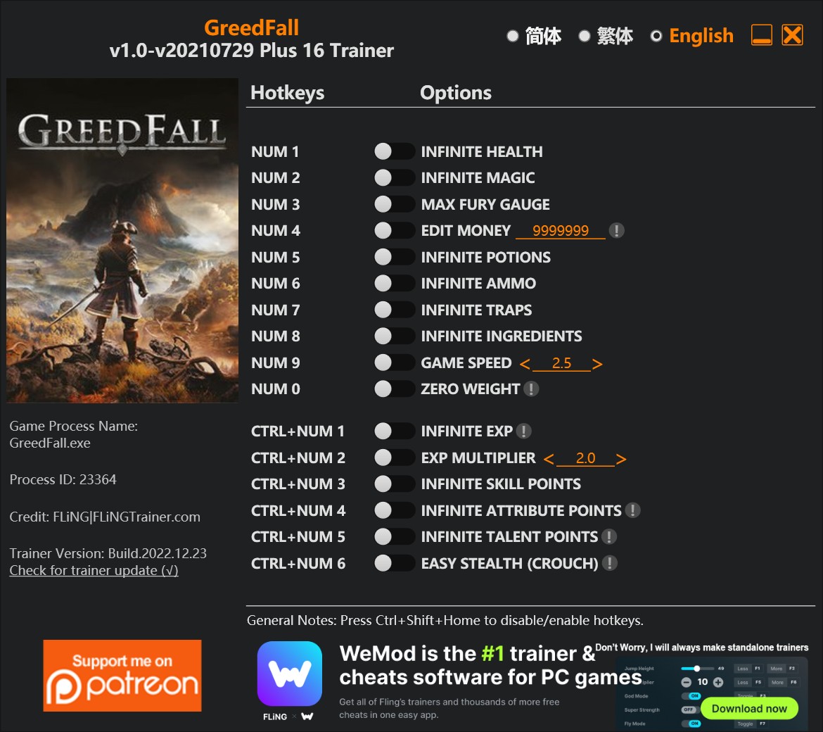 GreedFall: Trainer +16 v1.0-v20210729 {FLiNG}