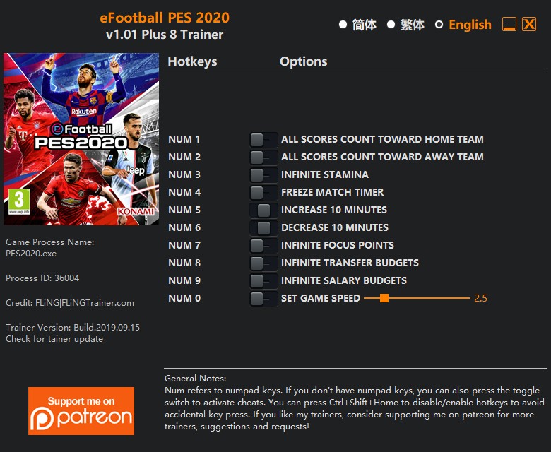eFootball PES 2020: Trainer +8 v1.01 {FLiNG}