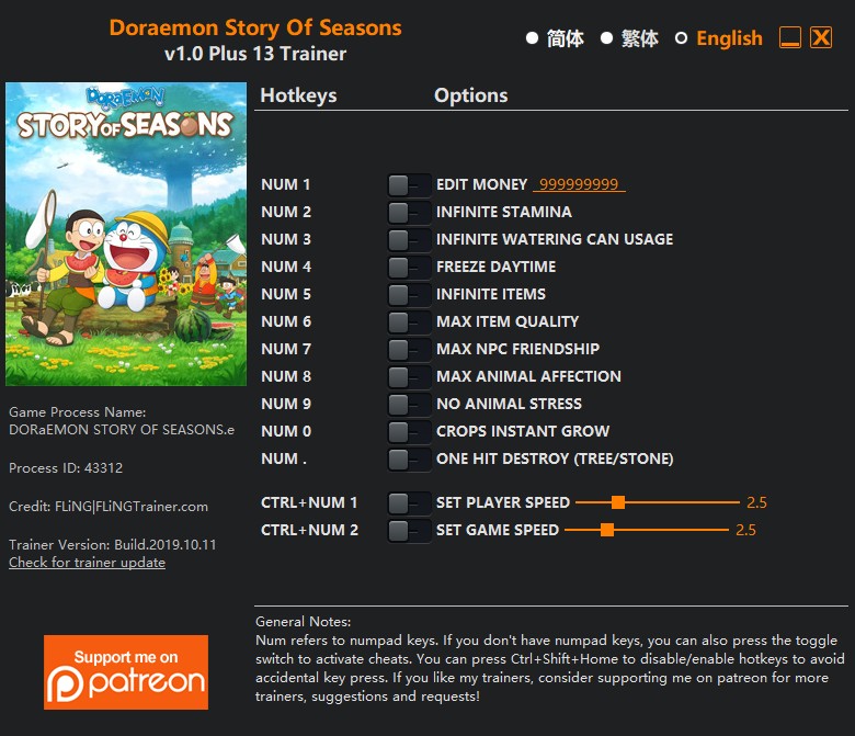 Doraemon Story Of Seasons: Trainer +13 v1.0 {FLiNG}