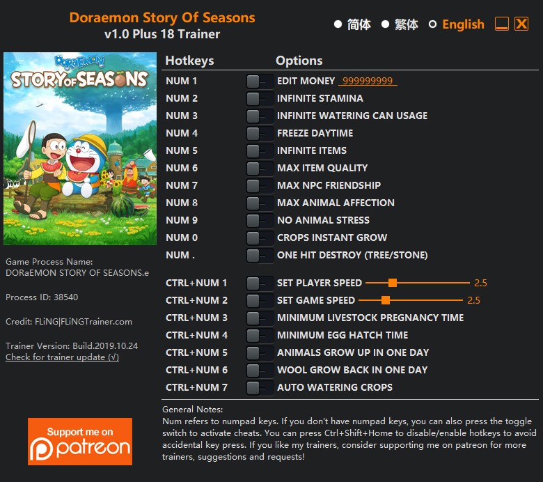 Doraemon Story Of Seasons: Trainer +18 v1.0 Build 2019.10.24 {FLiNG}