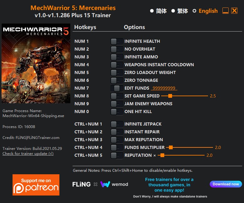 MechWarrior 5: Mercenaries - Trainer +15 v1.0-v1.1.286 {FLiNG}