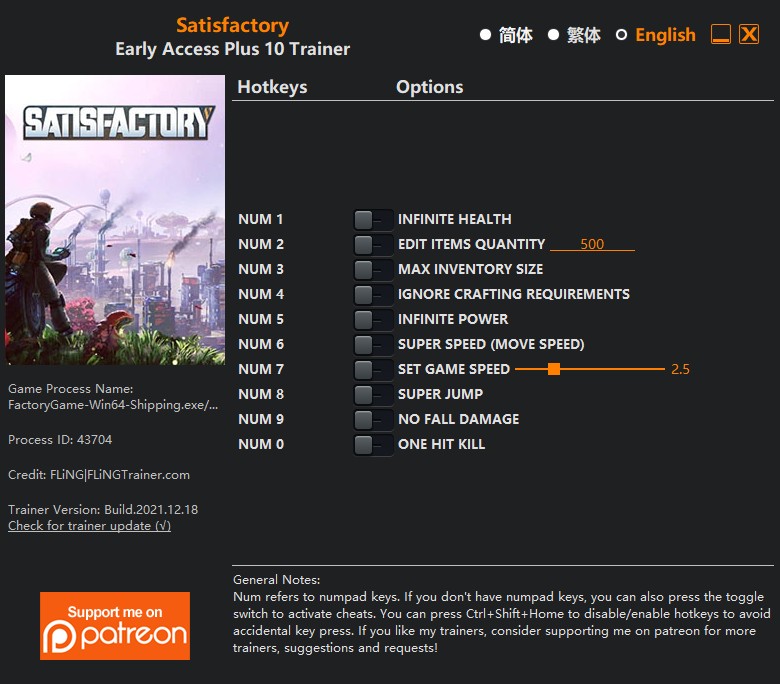 Satisfactory: Trainer +10 Early Access Build.109075-176089 {FLiNG}