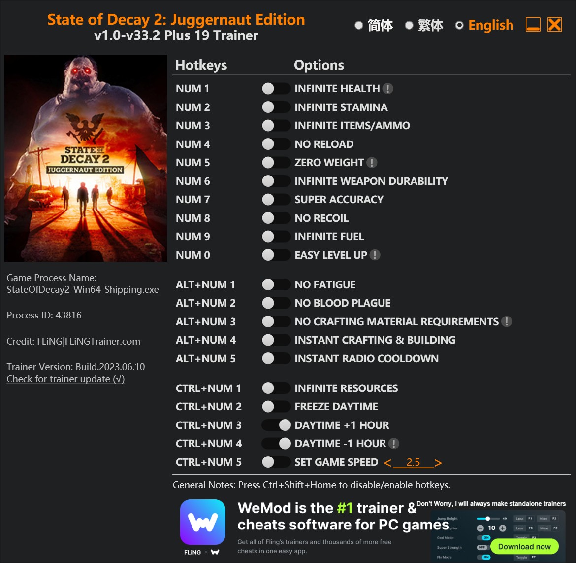 State of Decay 2: Juggernaut Edition - Trainer +19 v1.0-v33.2 {FLiNG}