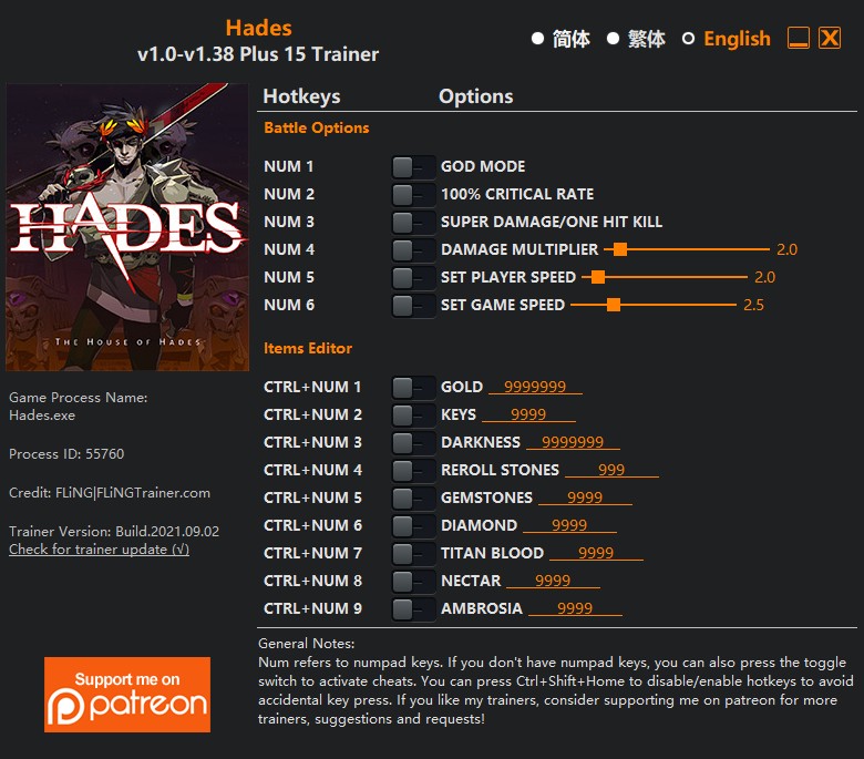 Hades: Trainer +15 v1.0-v1.38 {FLiNG}