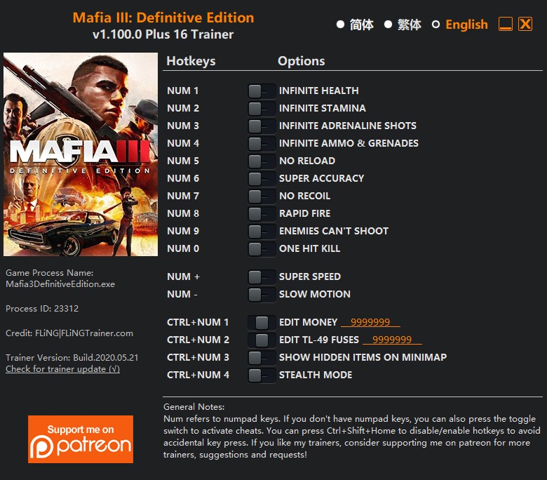 Mafia III: Definitive Edition - Trainer +16 v1.100.0 {FLiNG}