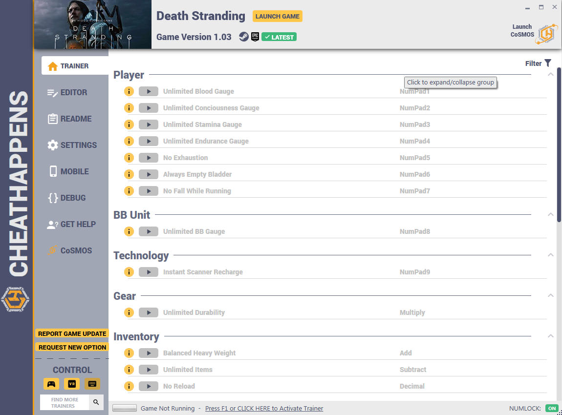 Death Stranding: Trainer +30 v1.03 (STEAM+EPIC) {CheatHappens.com}