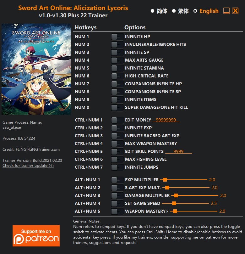 Sword Art Online: Alicization Lycoris - Trainer +22 v1.0-v1.30 {FLiNG}