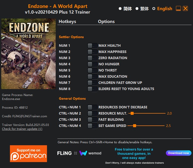 Endzone - A World Apart: Trainer +12 v1.0-v20210429 {FLiNG}