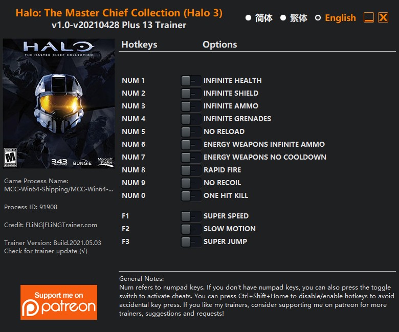 Halo: The Master Chief Collection (Halo 3) - Trainer +13 v1.0-v20210428 {FLiNG}