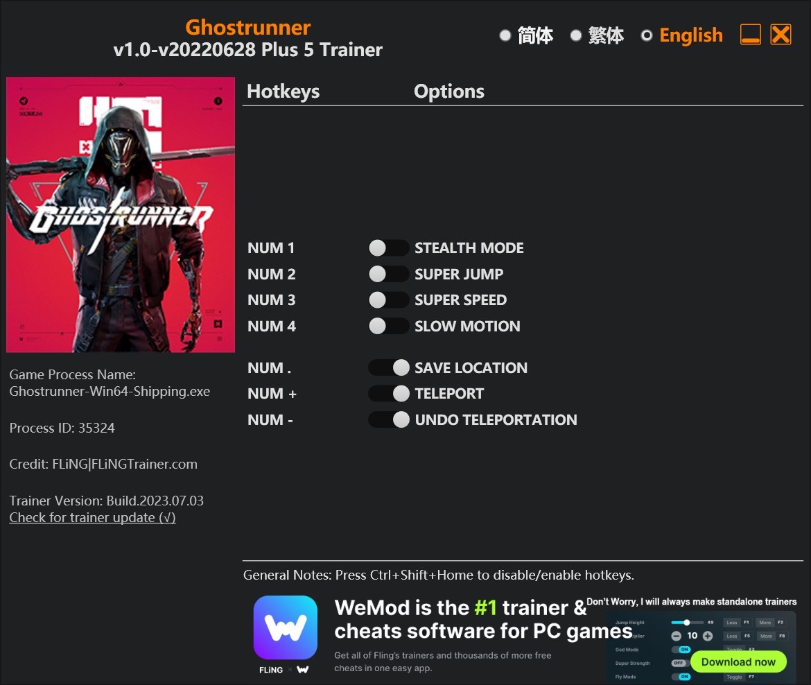 Ghostrunner: Trainer +5 v1.0-v20220628 {FLiNG}