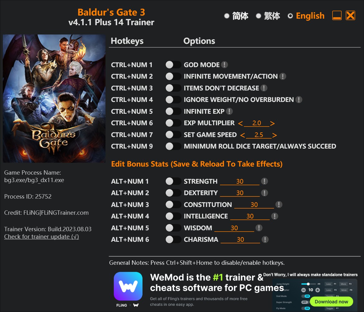 Baldur's Gate 3: Trainer +14 v4.1.1 {FLiNG}