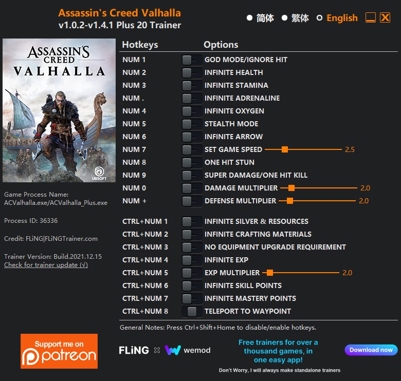 Assassin's Creed: Valhalla - Trainer +19 v1.0.2-v1.4.x {FLiNG}