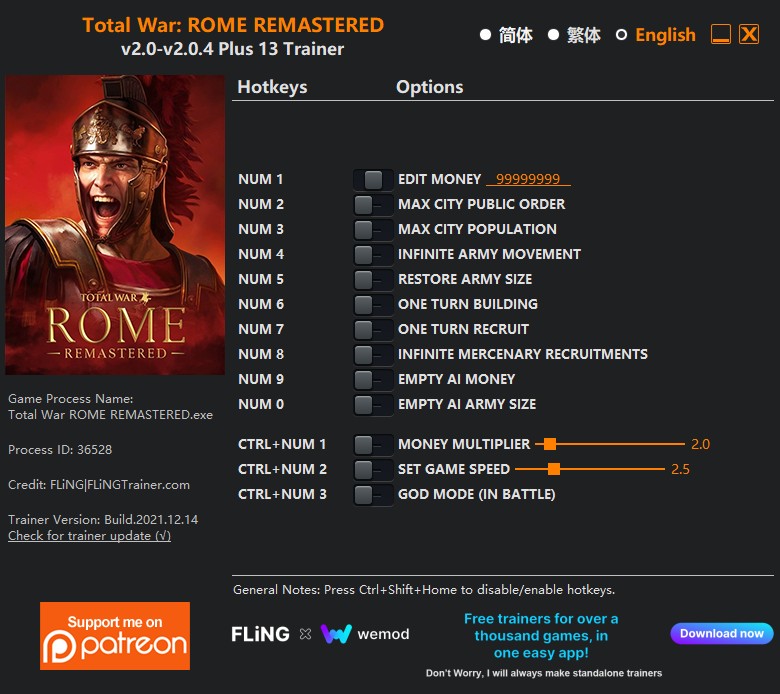 Total War: ROME REMASTERED - Trainer +13 v2.0-v2.0.4 {FLiNG}