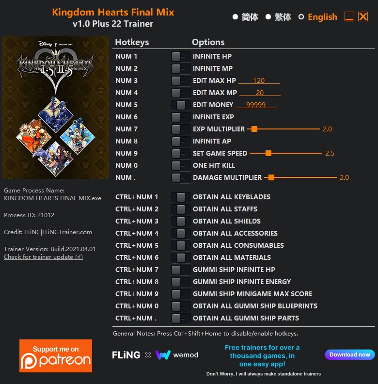 Kingdom Hearts Final Mix: Trainer +22 v1.0 {FLiNG}