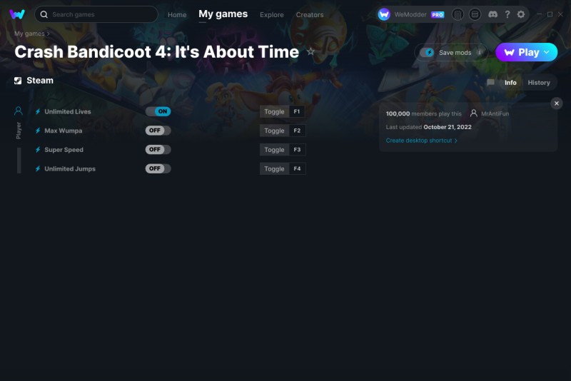 Crash Bandicoot 4: It's About Time - Trainer +4 v21.10.2022 {MrAntiFun / WeMod}