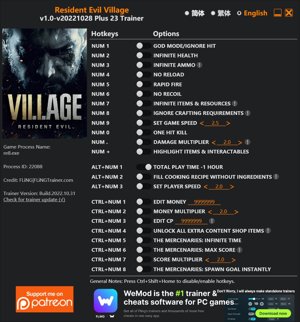 Resident Evil Village: Trainer +23 v1.0-v20221028 {FLiNG}