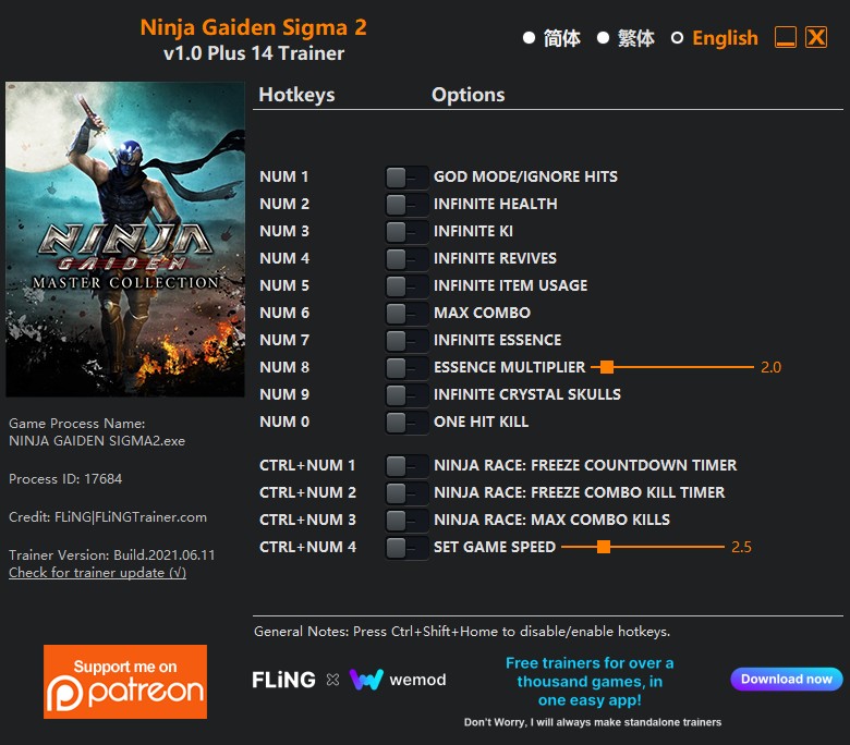 Ninja Gaiden: Master Collection (Ninja Gaiden Sigma 2): Trainer +14 v1.0 {FLiNG}