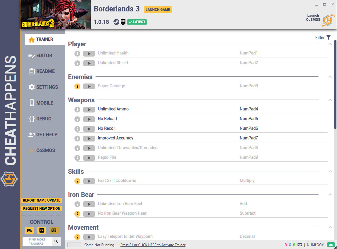 Borderlands 3: Trainer +69 v1.0.18 (06.26.2021) {CheatHappens.com}