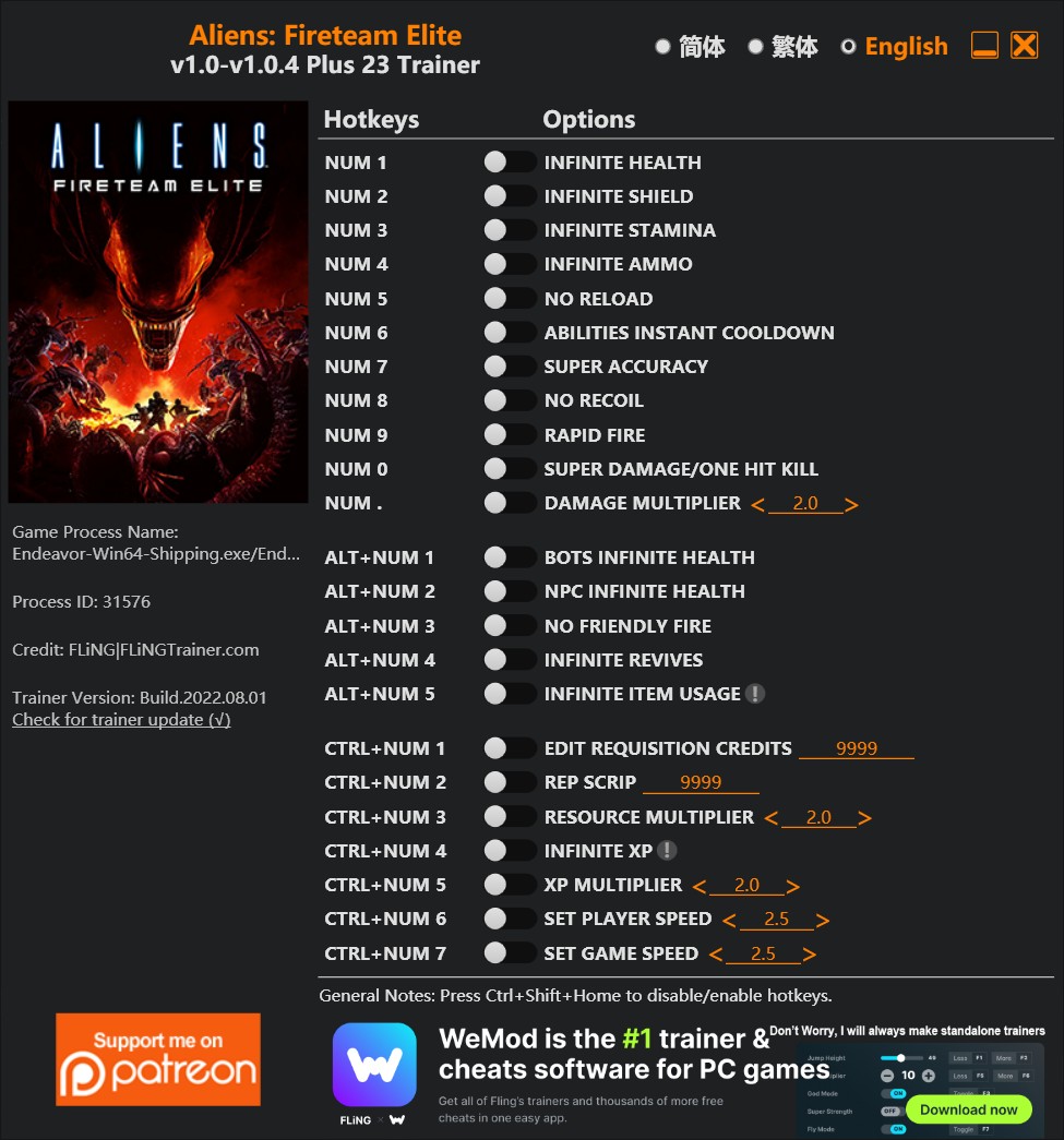 Aliens: Fireteam Elite - Trainer +23 v1.0-v1.0.4 {FLiNG}